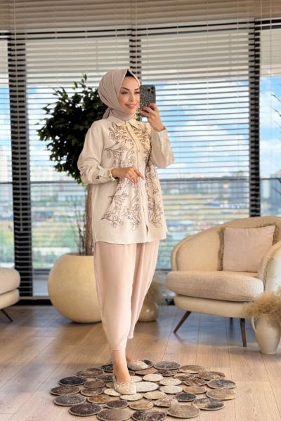 33965 Önü Boncuk İşlemeli Gömlek Bej