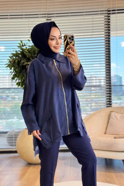 3422 Etek Ucu Çizgi Garnili Ceket Lacivert