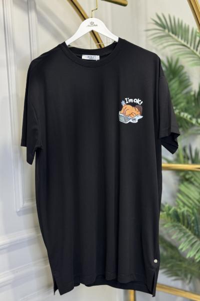 34306 Baskı Detaylı Tshirt Siyah