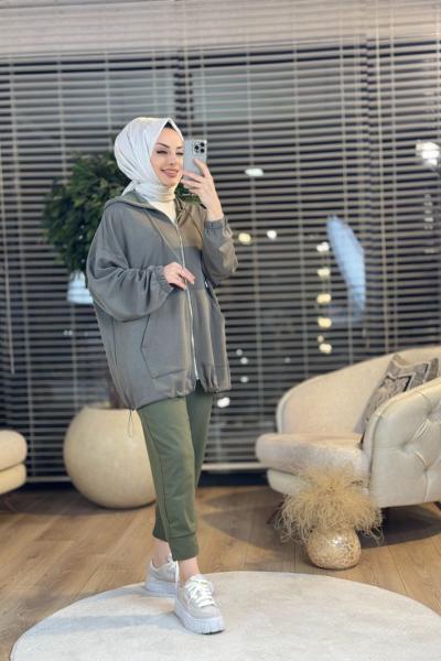 34343 Cepli Kapşonlu Fermuarlı Bomber Ceket Haki