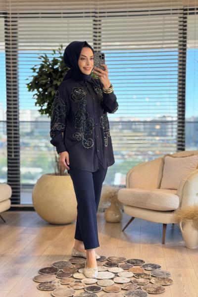 34608 Ön Kolu Boncuk Çiçek İşlemeli Gömlek Lacivert