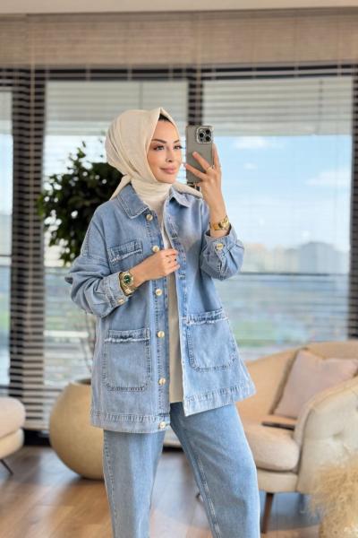 34730 Cebi Püsküllü Kot Ceket Mavi