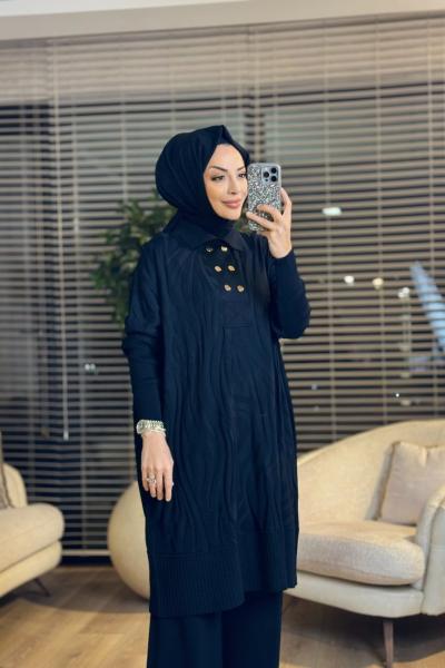 3502 Kendinden Desenli Patı 2 Sıra Düğmeli Triko Tunik Siyah