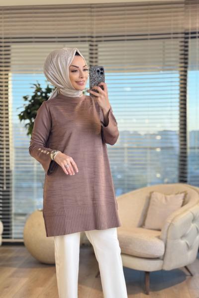 3503 Ön Kabartma Desenli Triko Tunik Vizon