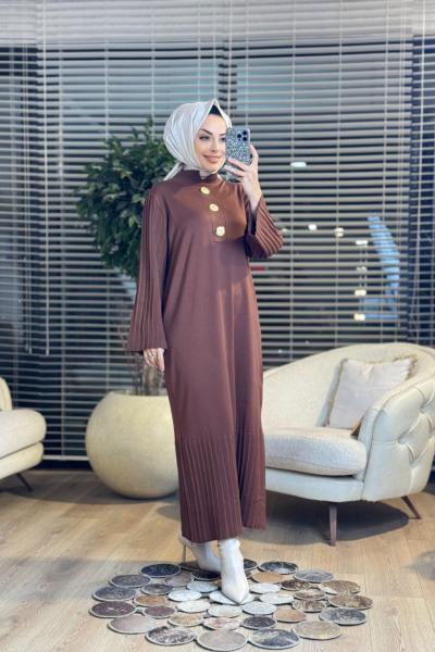3507 Metal 3 Broşlu Triko Elbise Kahve