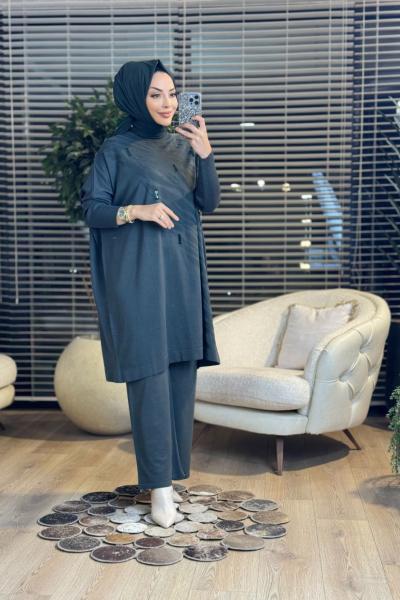3508 Üst Pul Nakışlı Kendinden Desenli Triko Tunik Haki