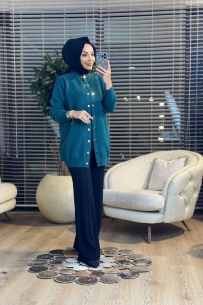 3539 Sakal Sıfır Yaka Çıtçıtlı Hırka Zümrüt