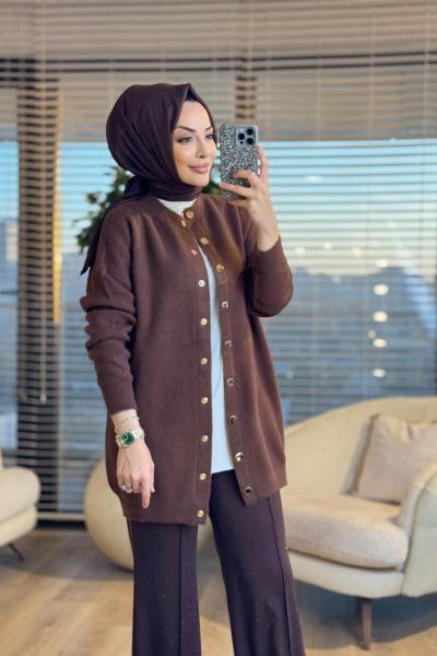 3539 Sakal Sıfır Yaka Çıtçıtlı Hırka Kahve