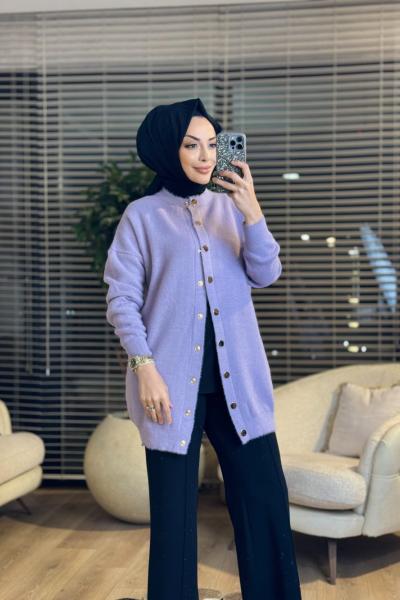 3539 Sakal Sıfır Yaka Çıtçıtlı Hırka Lila