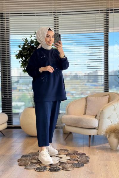 35442 Kabarık Çiçek Nakışlı Tunik Lacivert
