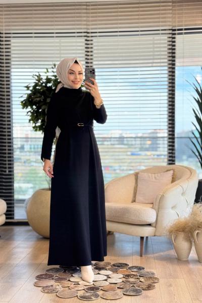 35539 Kemerli Balıkçı Yaka Simli Elbise Siyah