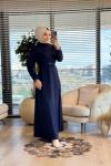 35539 Kemerli Balıkçı Yaka Simli Elbise Lacivert