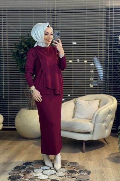 3561 Ön Parçalı Broşlu Triko Etekli Takım Bordo