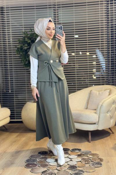 35718 Kruvaze Yelekli Etekli Takım Haki