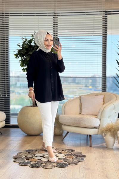 35842 Keten Basic Gömlek Siyah