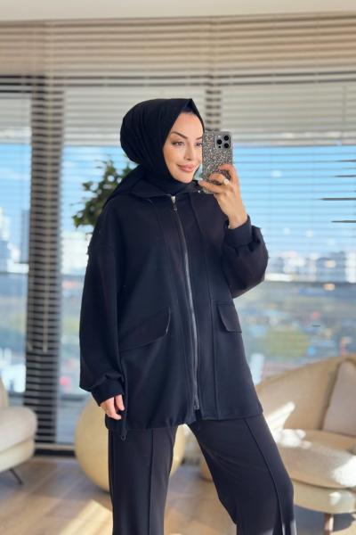 35901 Kesik Ve Cep Detaylı Bomber Ceket Siyah