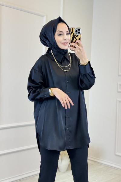 36770 Saten Oversize Gömlek Siyah