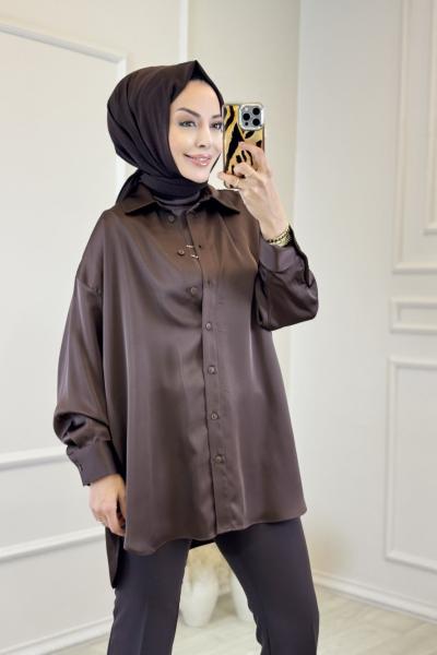 36770 Saten Oversize Gömlek Kahve
