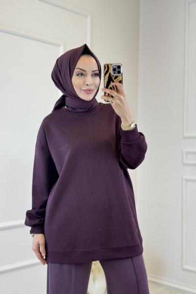38070 Taş Detaylı SweatShirt Mürdüm