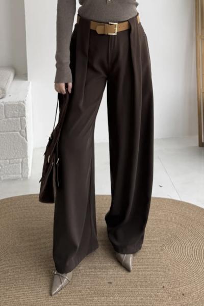 3855 Geniş Köprü Detaylı Kemerli Pantolon Kahve