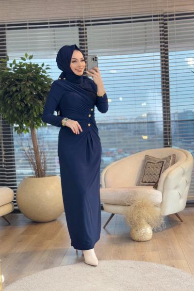 3923 Omuz Ve Önü Düğmeli Elbise Lacivert