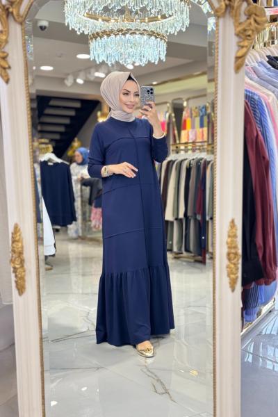 3947 Nervürlü Kristal elbise Lacivert