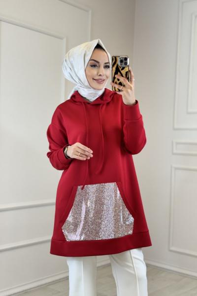 3983 Kanguru Cep Üzeri Taşlı Kapşonlu Tunik Kırmızı
