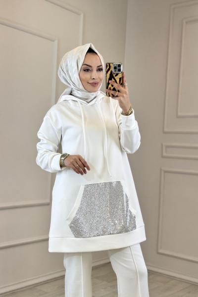 3983 Kanguru Cep Üzeri Taşlı Kapşonlu Tunik Ekru