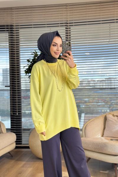 40408 Kolu Katlamalı Sıfır Yaka Tunik Sarı