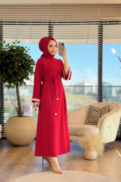 4068 Kolu Taşlı Elbise Kırmızı