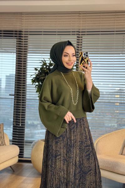 4073 Eteği Şifon Desenli Takım Haki