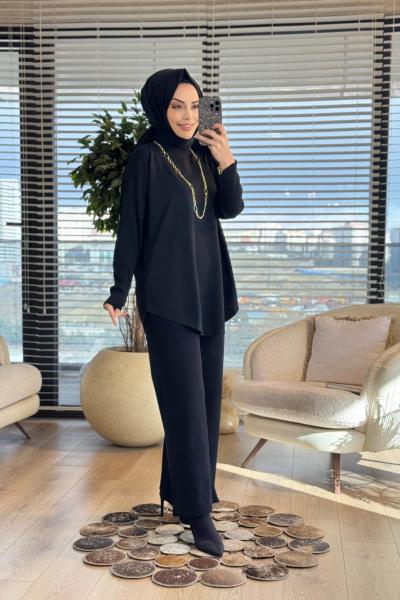 40972 Kolları Lastik Örgü Triko Tunik Siyah