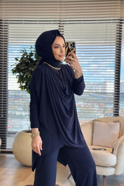 4201 Omzu Pileli Önü Dökümlü Sandy Takım Lacivert