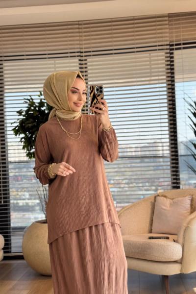 4209 Manolya Kraşlı Etekli Takım Latte