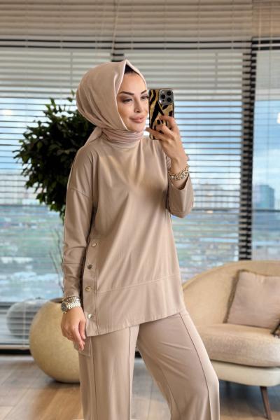 4224 Yanları Düğmeli Modal Takım Bej