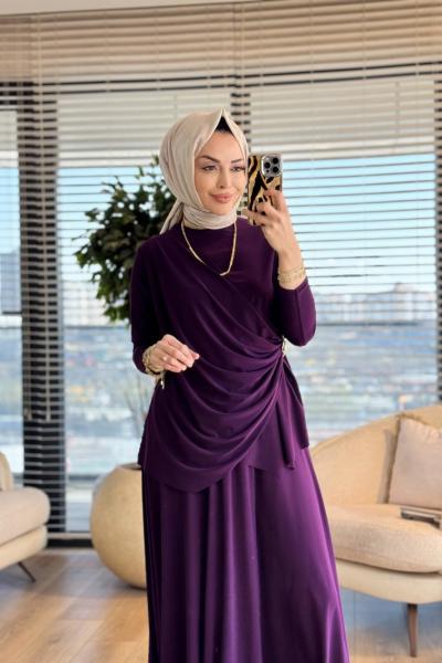 4226 Yanı Toka Büzgülü Etekli Takım Mürdüm