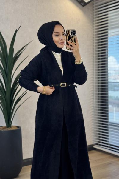423 Kemerli Uzun Angora Hırka Siyah