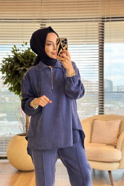 4300 Yaka Bağcık Patı Fermuarlı Tencel Takım Lacivert