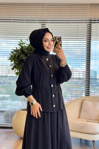 4301 Yanları Lastik Büzgülü Etekli Modal Takım Siyah