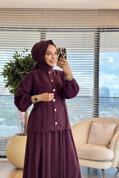 4301 Yanları Lastik Büzgülü Etekli Modal Takım Bordo