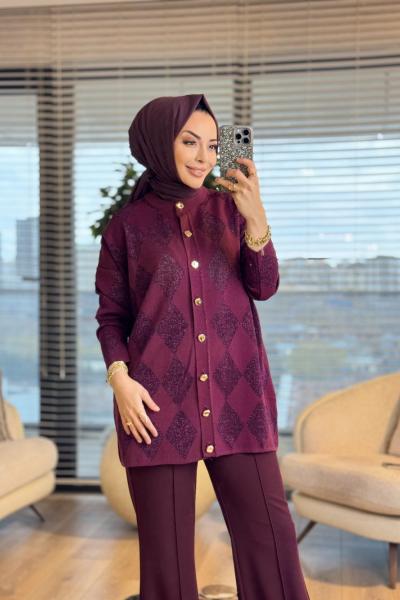44191 Sim Baklavalı Desen Hırka Bordo