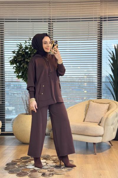44226 Önü Cep Detaylı Kapşonlu Triko Takım Kahve