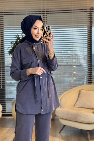 4455 Oysho İki Cepli Kendinden Kuşaklı Takım Lacivert