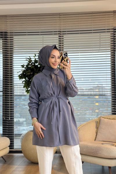 4471 Sol Göğüs Kordon Çiçek Nakışlı Gömlek Gri