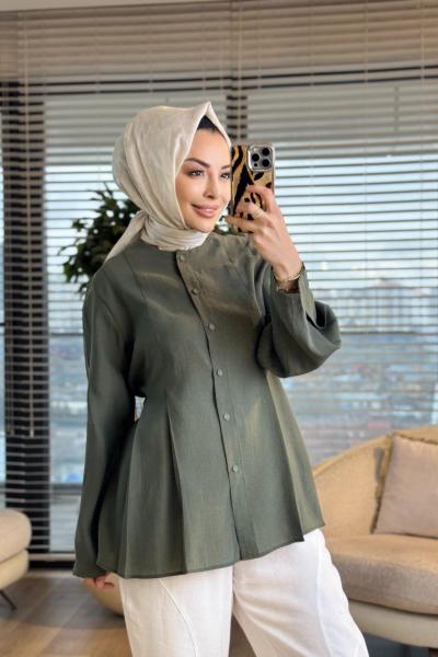 4474 Ön Dikiş Detaylı Yakasız Gömlek Haki