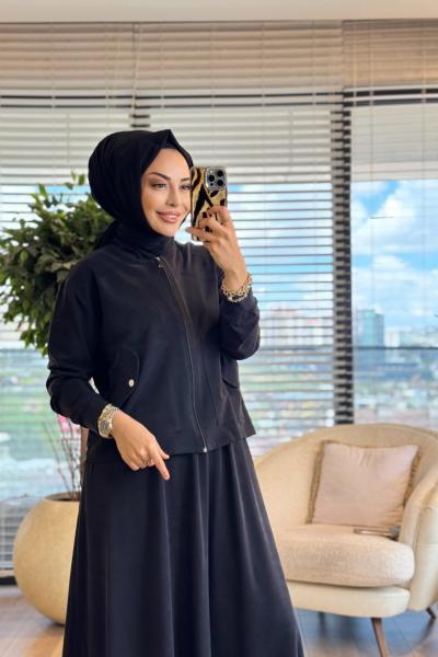 4484 Önü Fermuarlı Cepli Etekli Takım Siyah