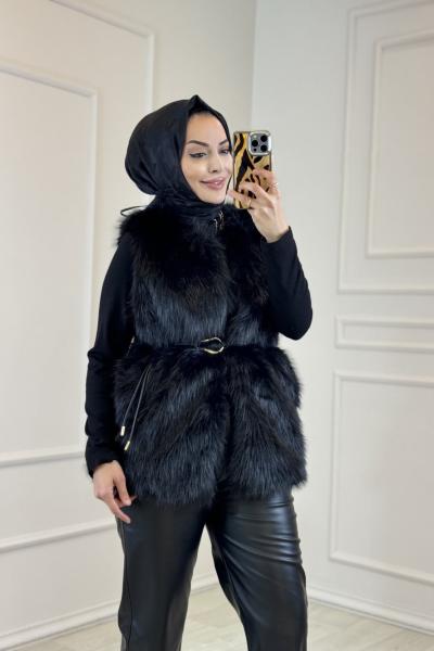 4604 Kürk Kemerli Yelek Siyah