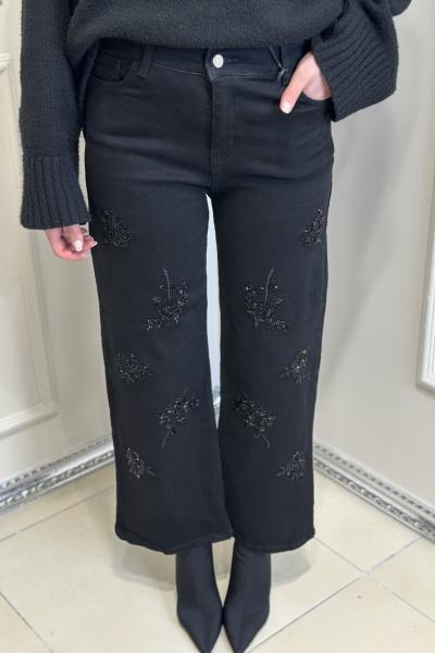 4712 Önü Boncuk Gül İşlemeli Kot Pantolon Siyah