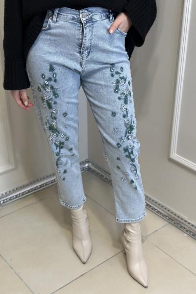 4714 Önü Boncuk İşlemeli Kot Pantolon Mavi