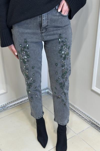 4714 Önü Boncuk İşlemeli Kot Pantolon Gri